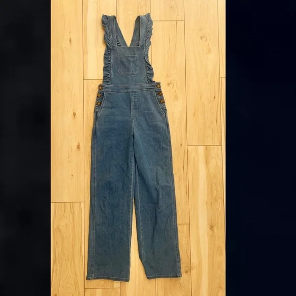 Sezane Rosario Denim Jean Overalls Ruffle Jumpsuit 38 - Picture 7 of 13